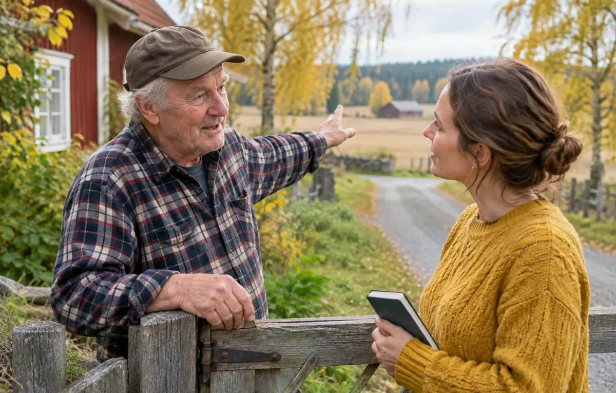 Äldre man berättar för en besökare om hur byn fick sitt namn vid grinden till gården