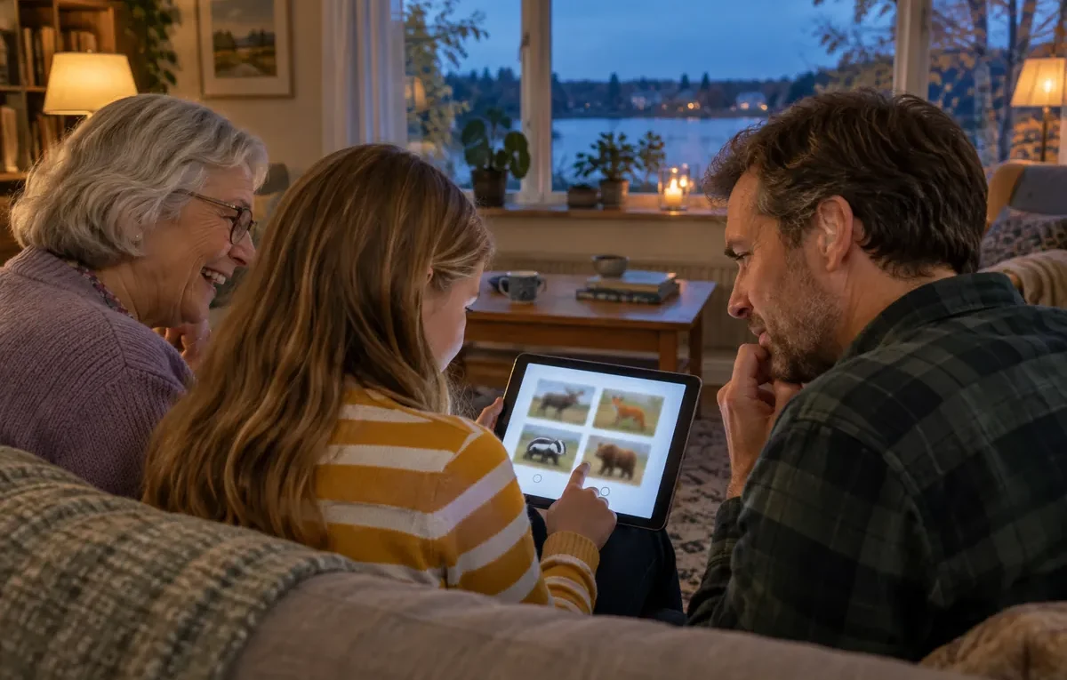 Familj gör ett quiz om djur på en surfplatta i soffan en höstkväll