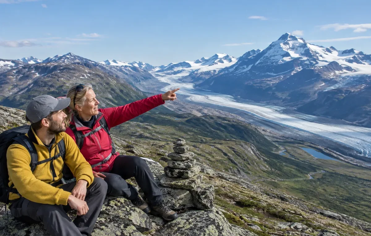 Två vandrare på en fjällkam pekar mot en snötäckt topp i Lappland