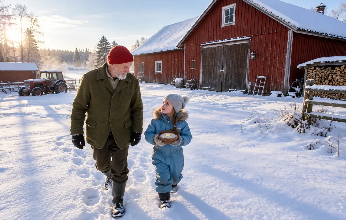 Morfar och barnbarn bär en skål tomtegröt över gårdsplanen till ladugården