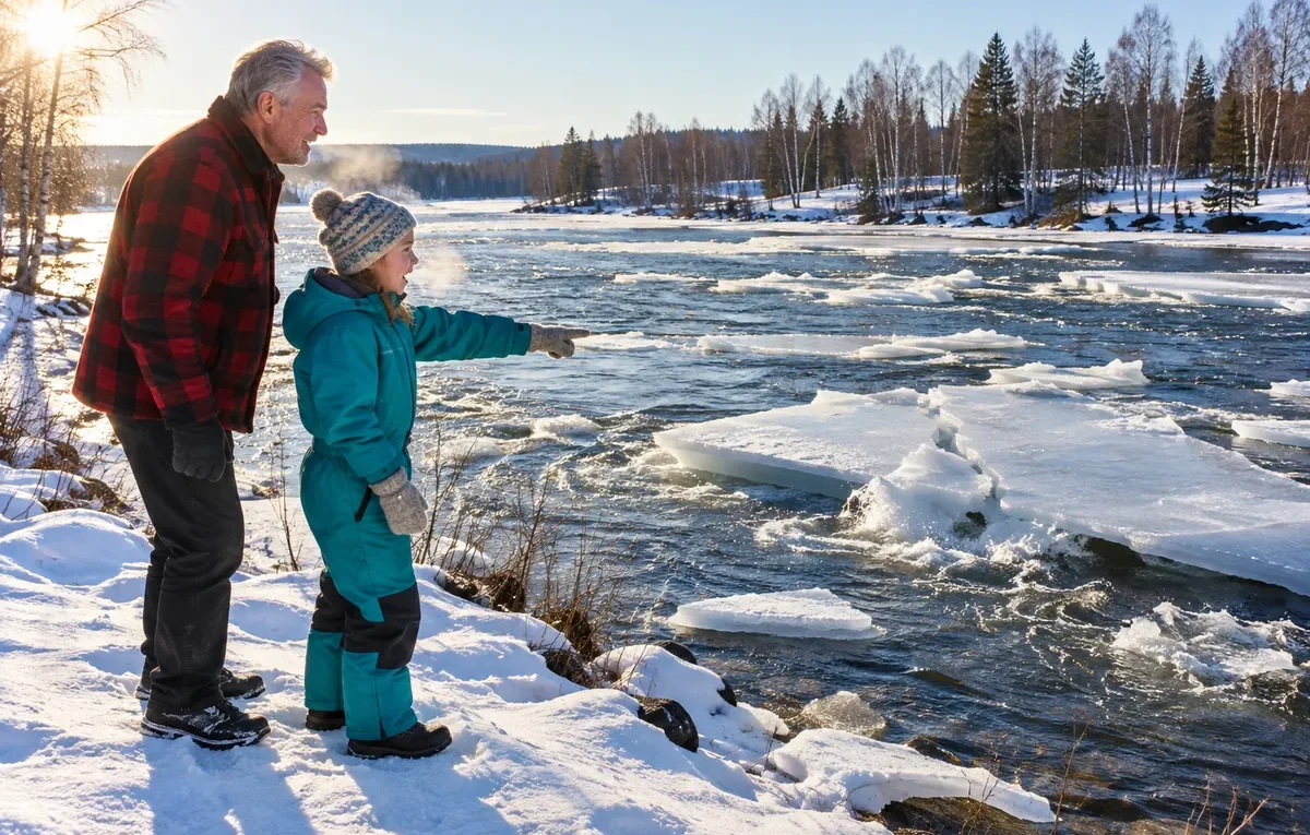 Morfar och barnbarn tittar på islossningen i en bred älv i Norrland