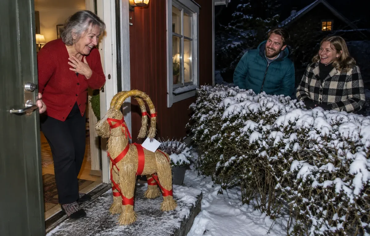 Kvinna öppnar dörren och skrattar åt en halmbock som grannarna lämnat på trappan