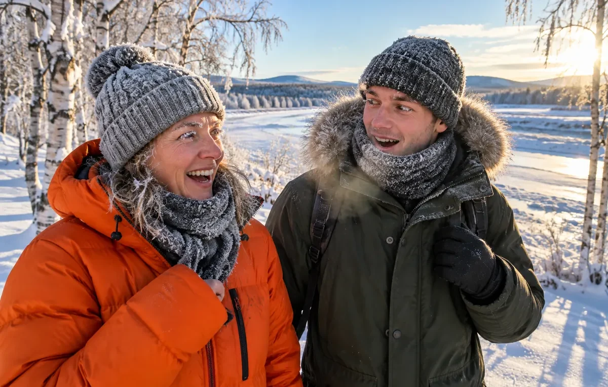 Två personer med frost i ögonfransarna en kall vintermorgon i Lappland