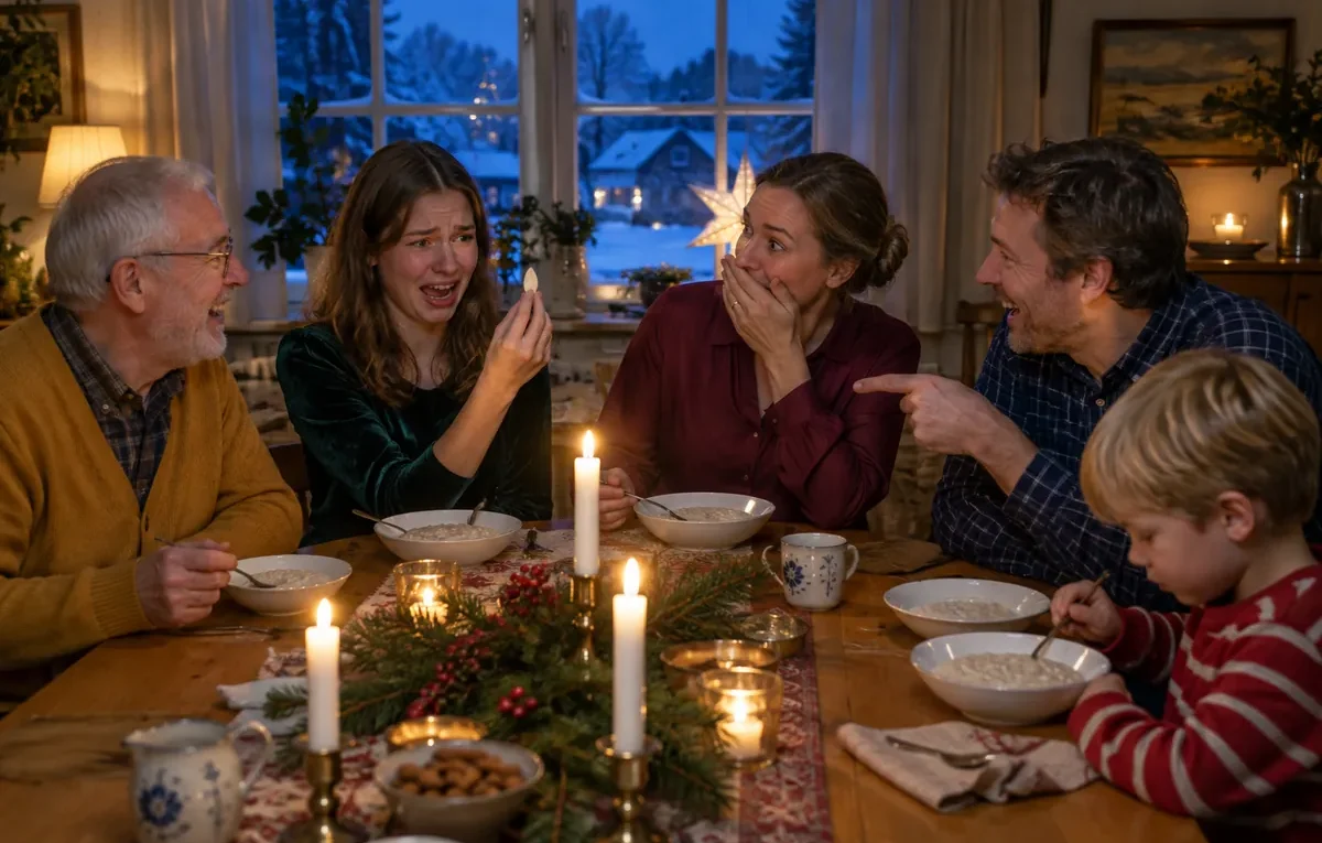 Tonårsflicka håller upp mandeln hon hittat i julgröten medan familjen skrattar