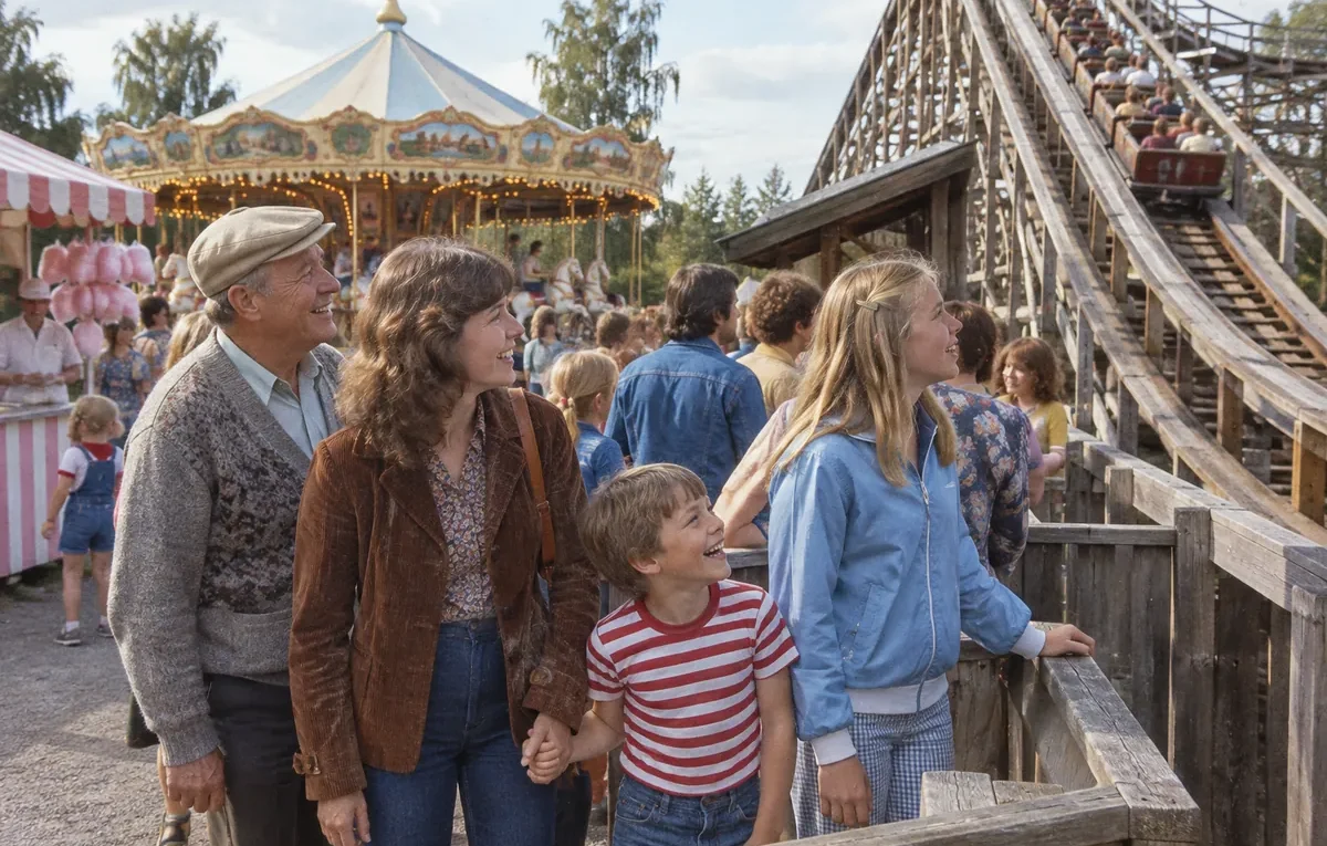 Familj köar till en berg-och-dalbana i trä på en nöjespark på 1970-talet