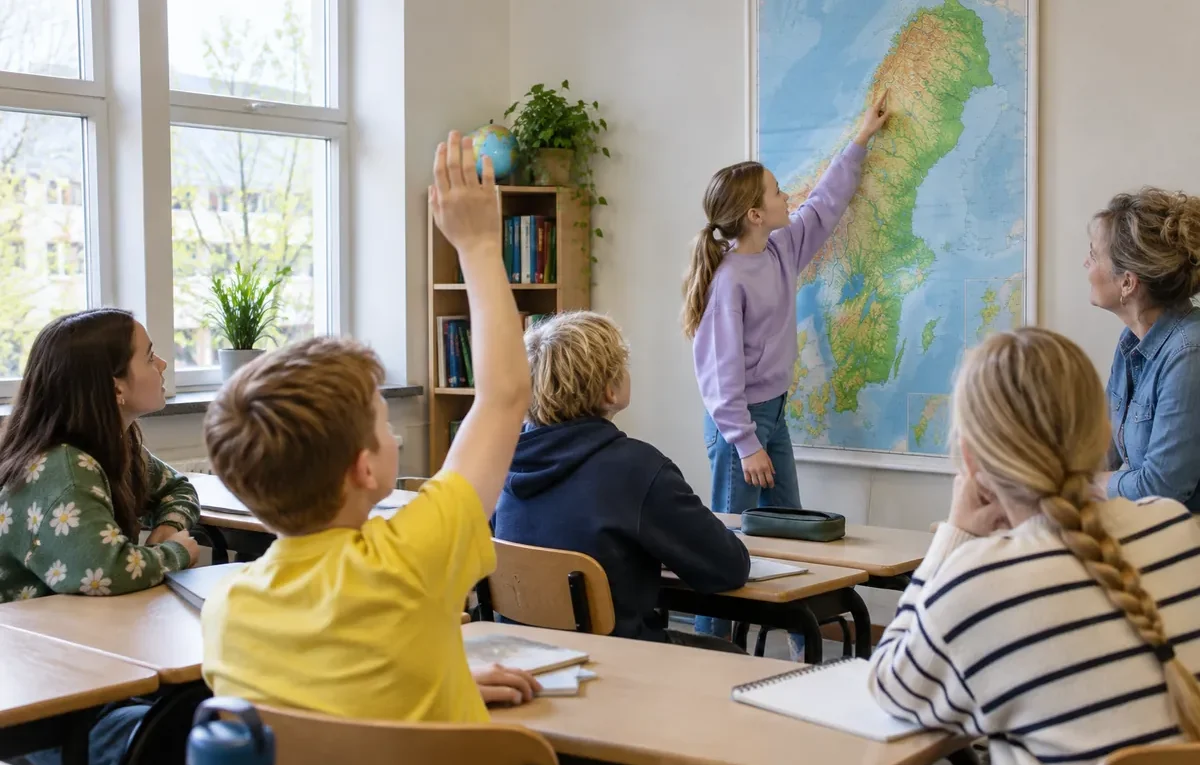 Skolklass gissar orter på en stor väggkarta över Sverige