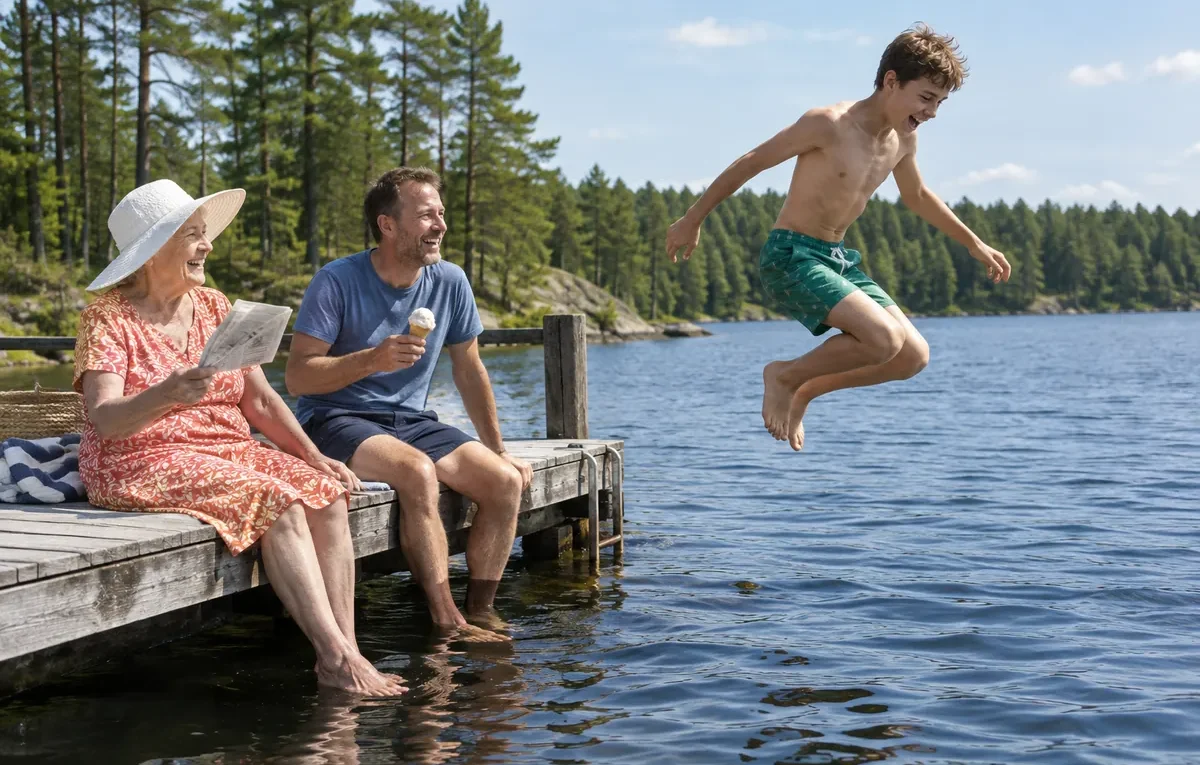 Familj svalkar sig vid en badbrygga en het sommardag