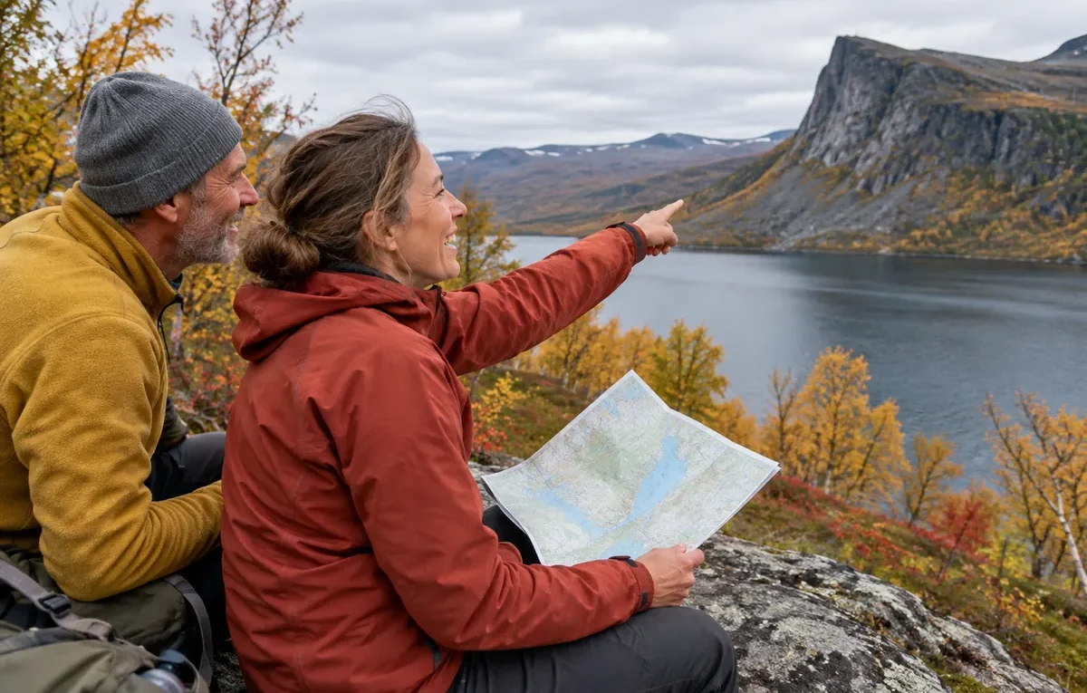 Två vandrare skrattar åt ett fjällnamn på kartan vid en fjällsjö i Lappland