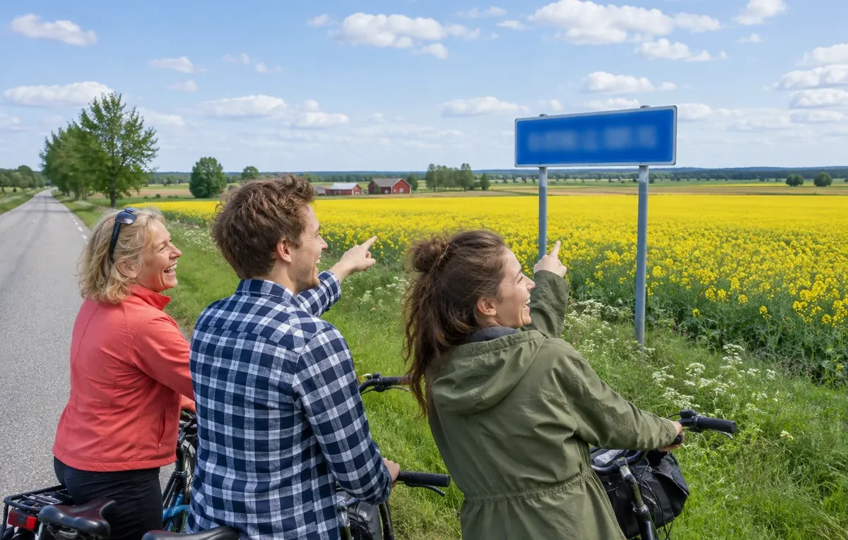 Tre cyklister skrattar åt en ortnamnsskylt vid en landsväg